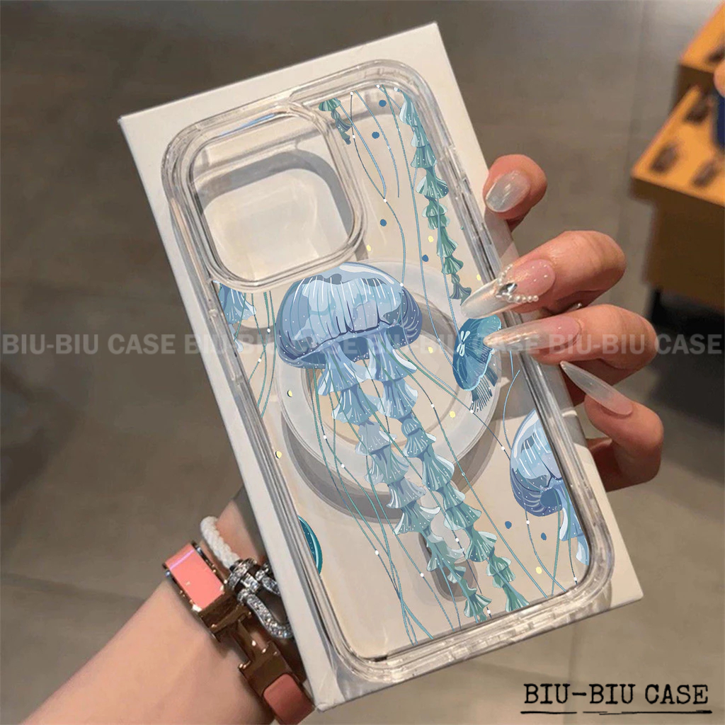 Capa Capinha Tpu Anti MagSafe Impacto Transparente Para IPhone XR 17 11 12 13 14 15 16 Pro Max Água-viva do Oceano Azul