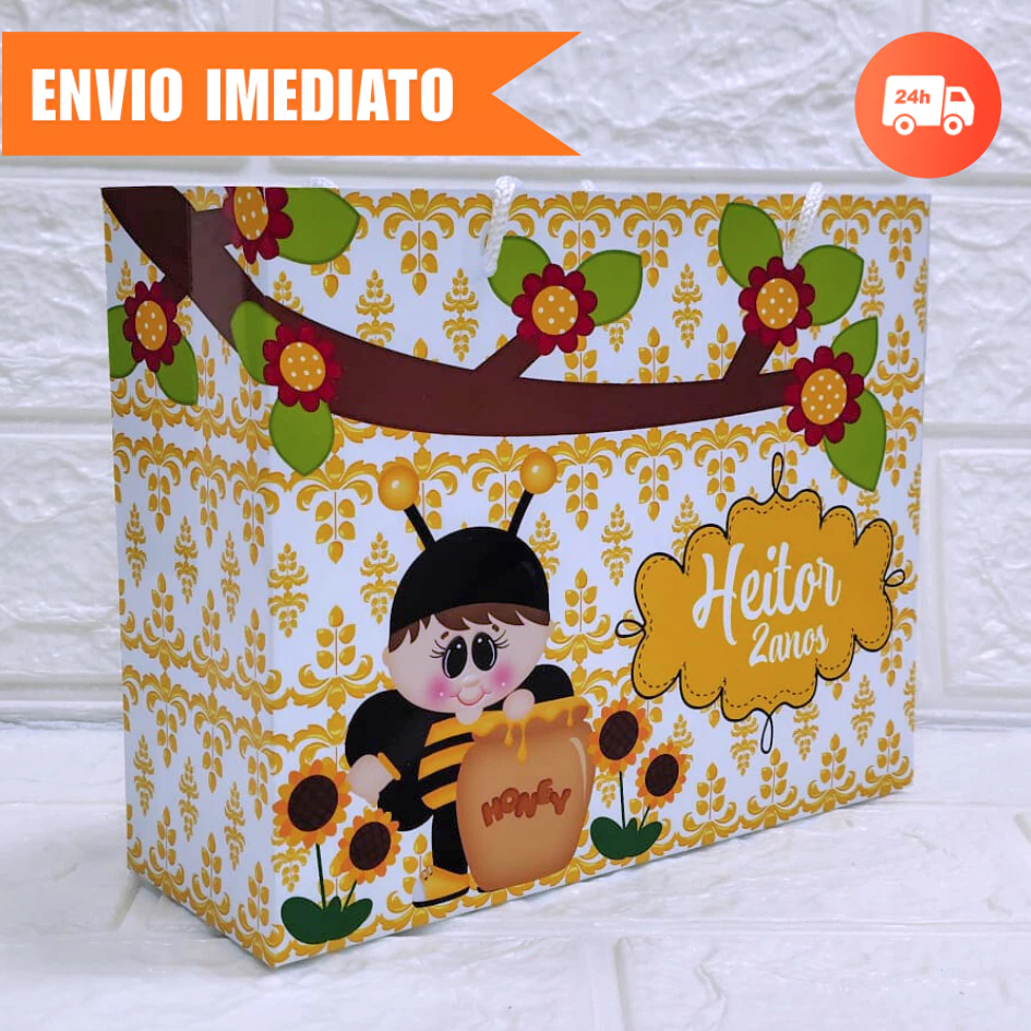 Sacolinha Surpresa Grande ABELHINHA Personalizada Lembrancinha, NOME+IDADE Kit Festa PEGUE E MONTE