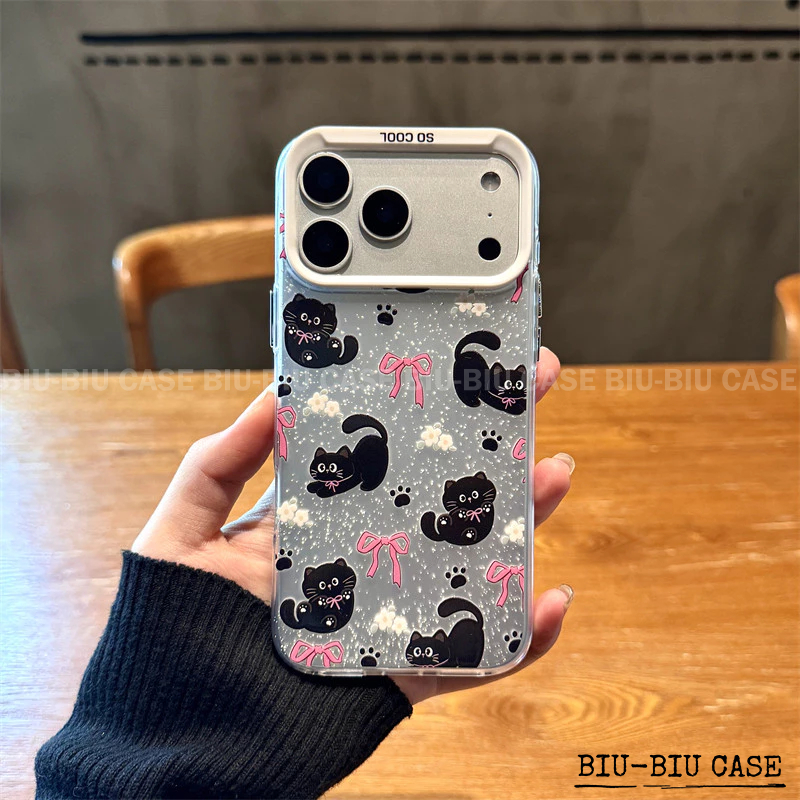 Capinha capa de Gatinho Preto com Laco para iPhone 17 11 12 13 15 14 16 Pro Max Xr Xs Max 7+ 8 PLUS Capa TPU choque