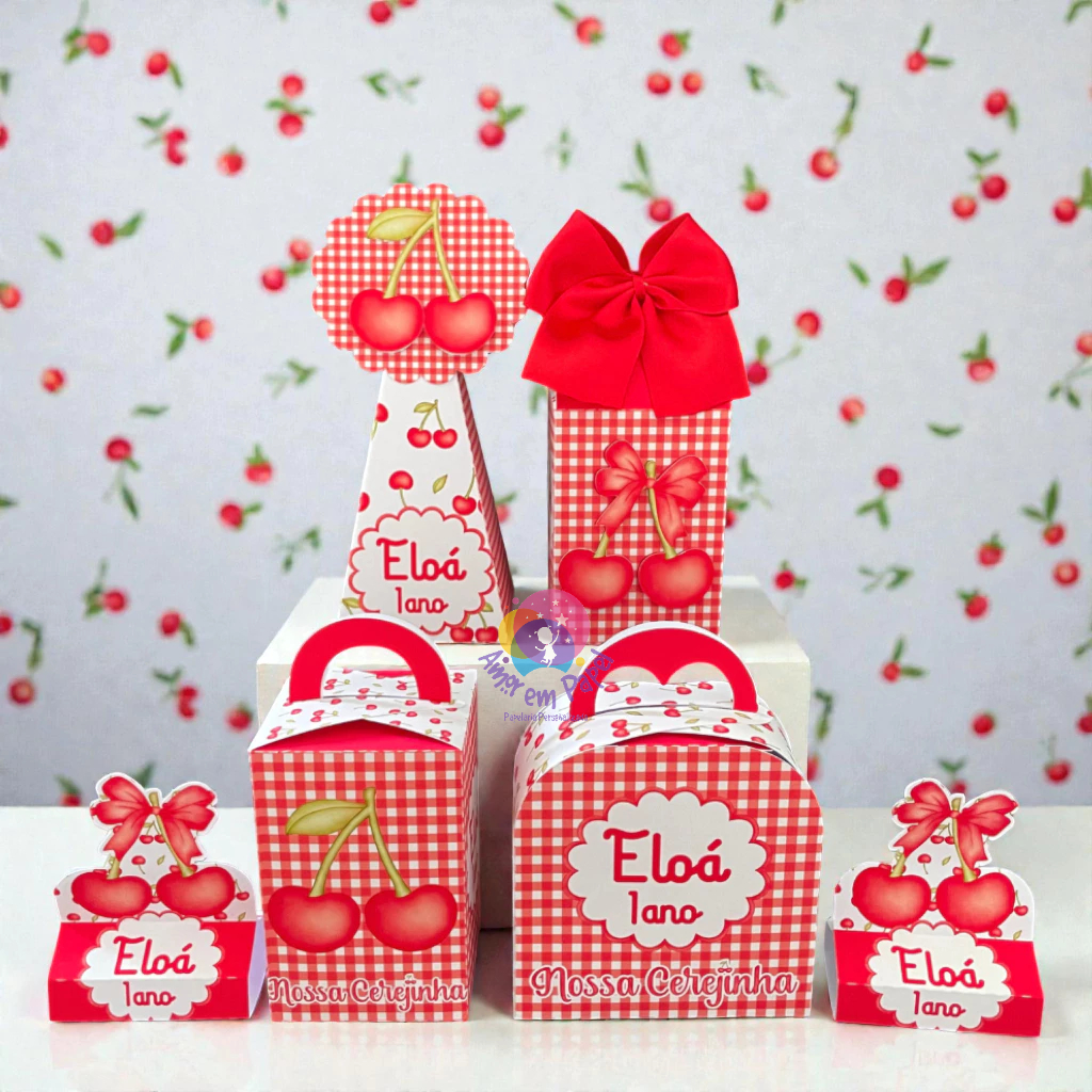 Kit Personalizados Festa tema Cerejinha Cereja Lembrancinhas | Aniversário | Caixas | Papelaria