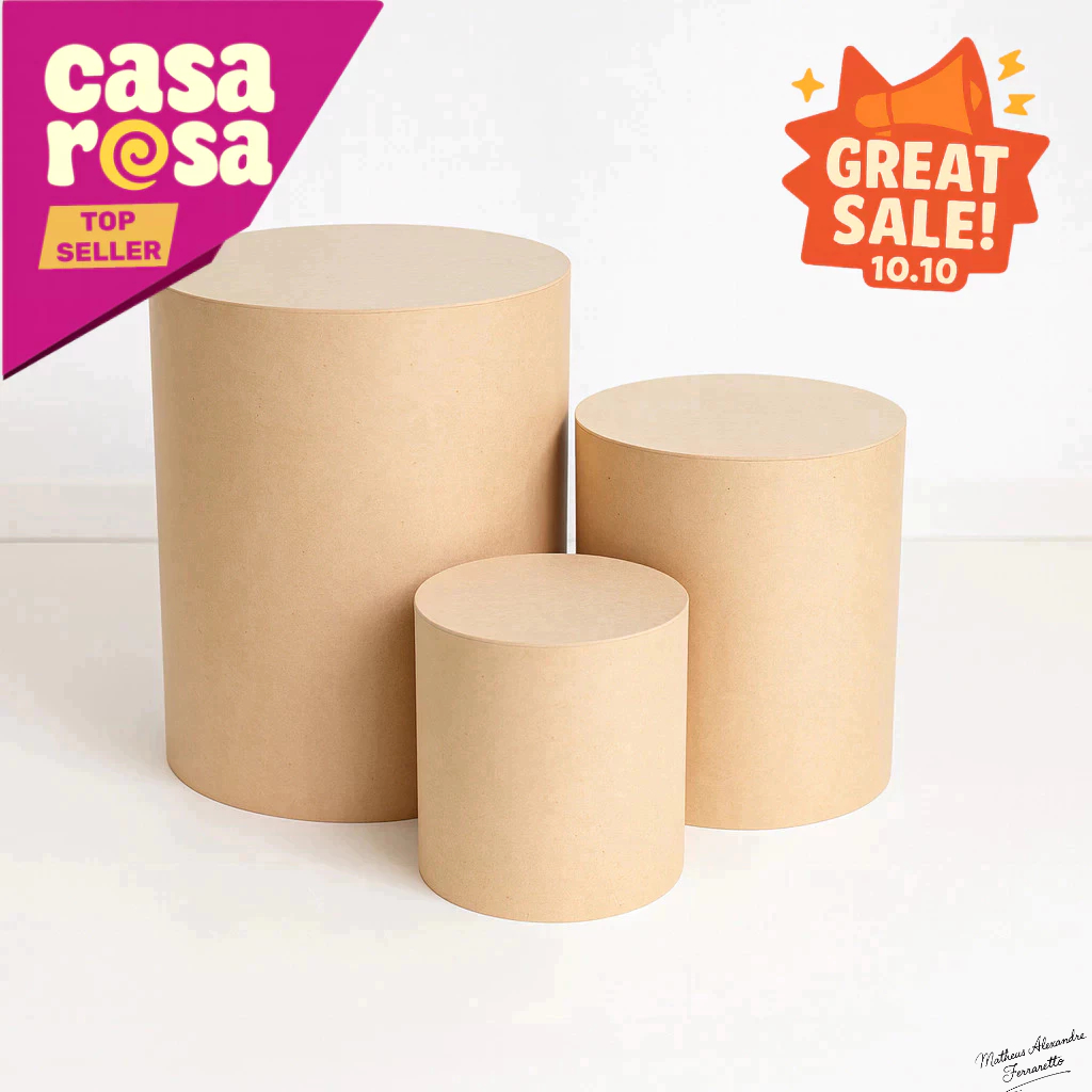 Kit Completo Festa MDF – Painel Redondo + Trio de Cilindros Decorativos

