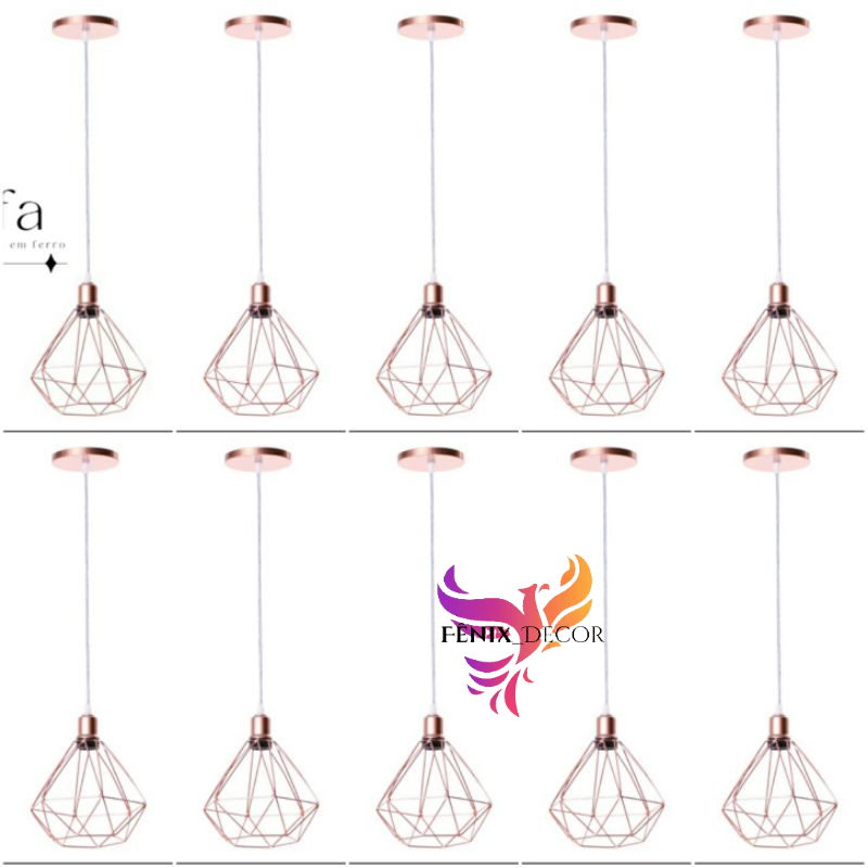 kit 10 Pendente Diamante Aramado Rose Gold Cabo De Cristal