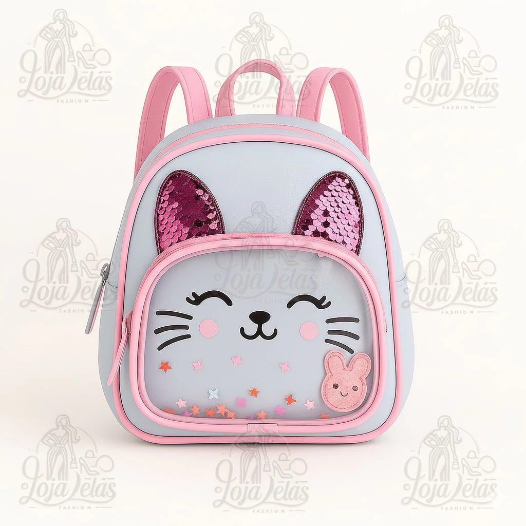 Mochila Bolsa Criança Menina Infantil Charmosa Gatinha Gliter Rosa Lilás Escolar Creche Passeio 3  8 anos Escola Present