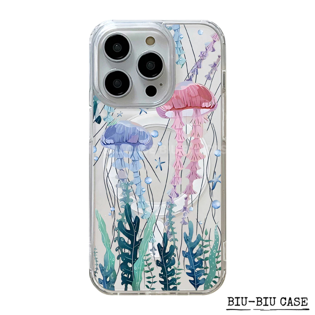 Capa Capinha Tpu Anti MagSafe Impacto Transparente Para IPhone XR 17 11 12 13 14 15 16 Pro Max Água-viva azul