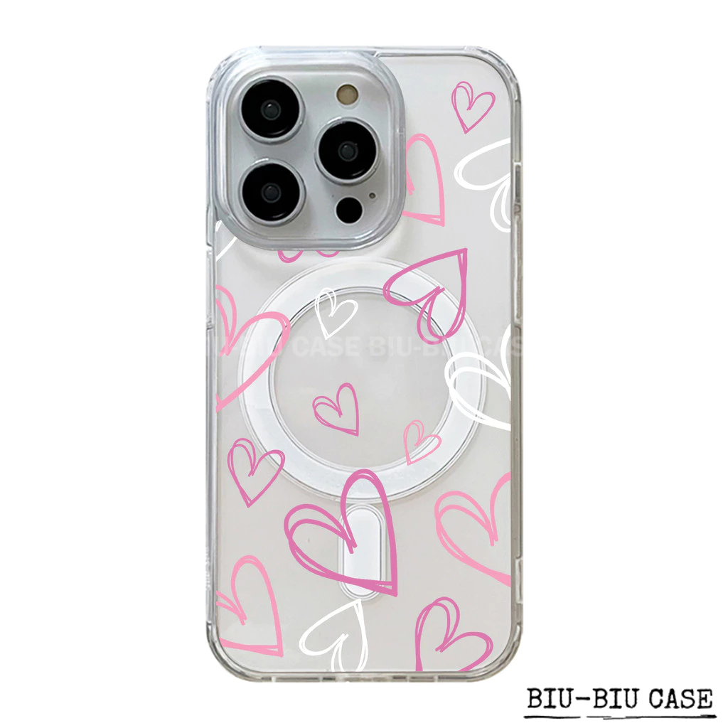 Capa Capinha Tpu Anti MagSafe Impacto Transparente Para IPhone XR 17 11 12 13 14 15 16 Pro Max Coração rosa