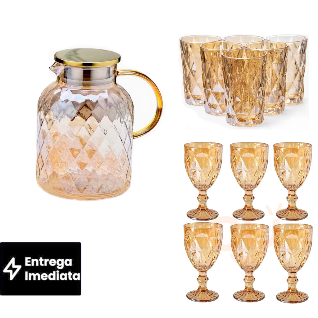 KIT Jarra Diamond, Taças e Copos Vidro Ambar