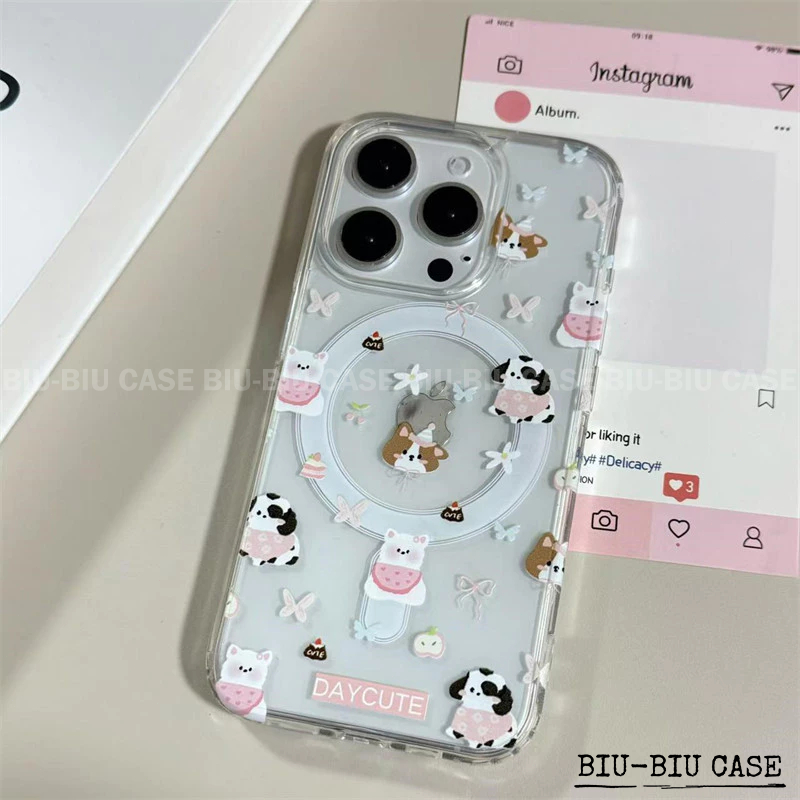 Capa MagSafe Capinha Anti TPU Impacto Transparente Para iPhone XR 11 12 13 14 15 16 17 Pro MAX Cachorrinho Borboleta