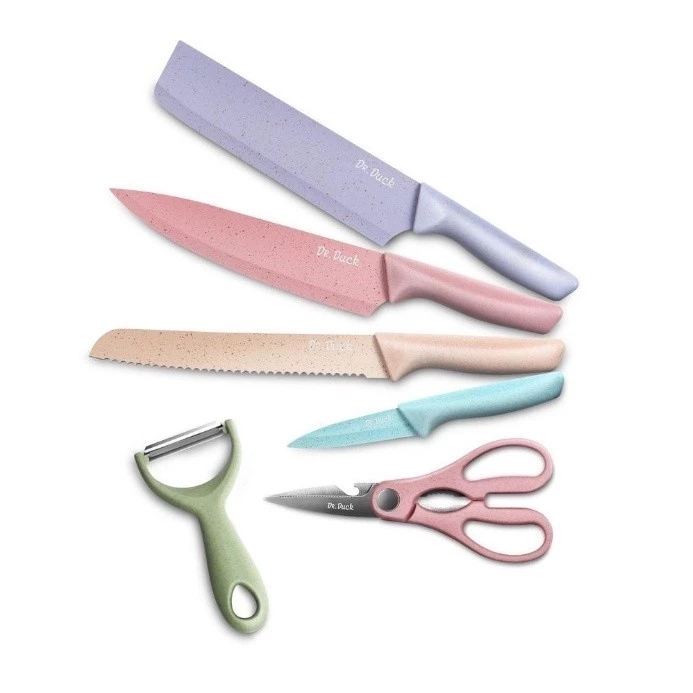 Imagem Kit Conjunto de Facas Coloridas 6 Pç Aço Inoxidável Premium Preciso Churrasco Cozinha Profissional