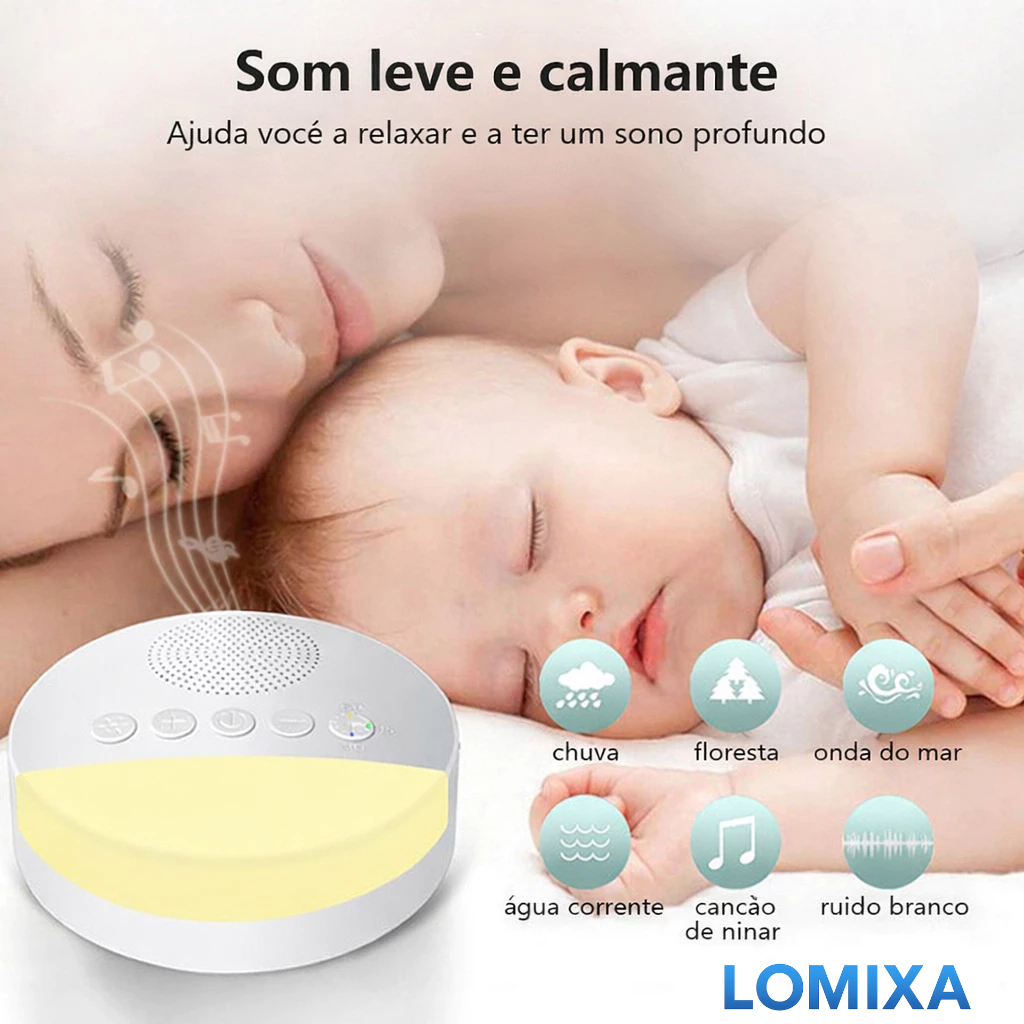 Imagem Maquina de Ruido Branco para Bebes e Criancas com Multiplos Sons Relaxantes Luz Noturna Temporizador USB Recarregavel