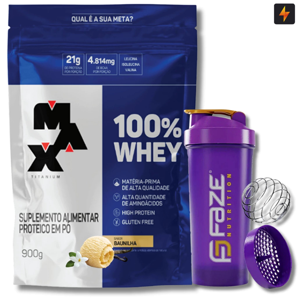 Kit 100% Whey Protein Concentrado 900g Max Titanium + Coqueteleira em Oferta na Shopee