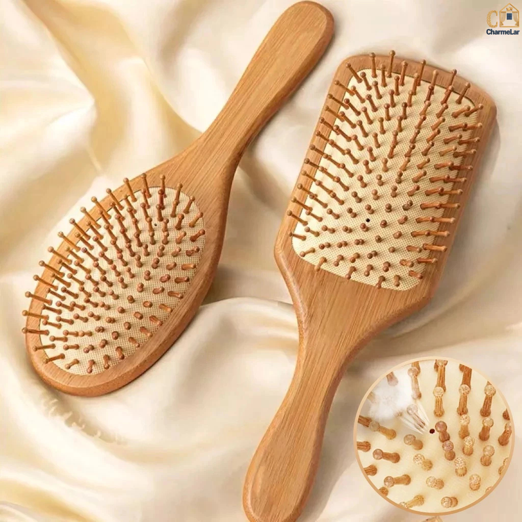 Escova Raquete Almofadada De Bambu Natural Cerdas de Bambu Antiestática