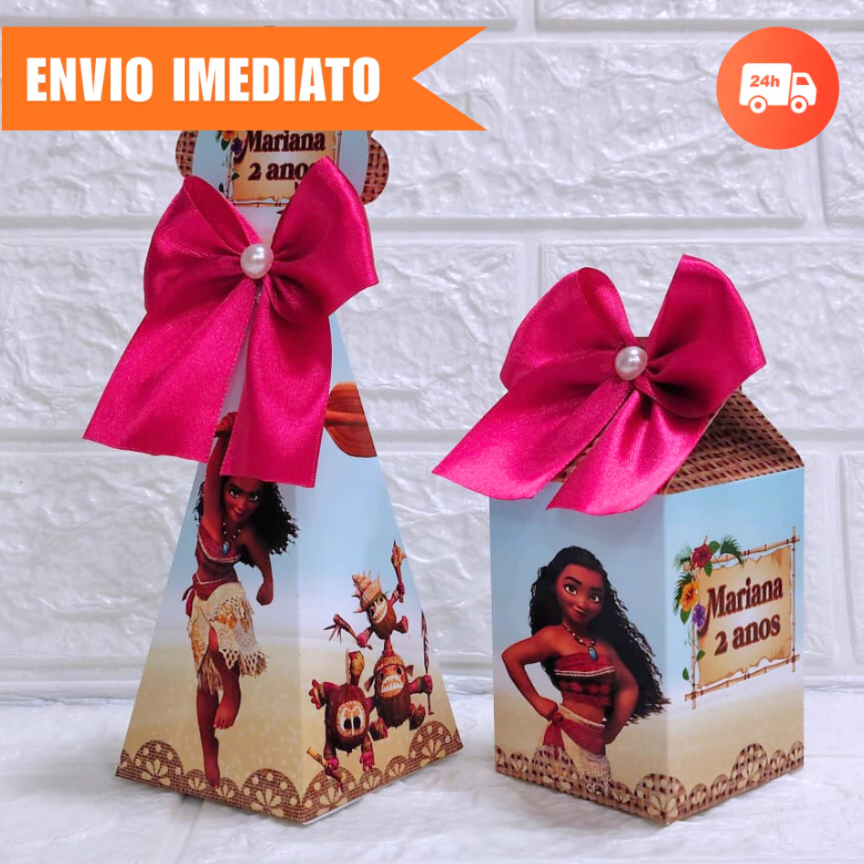 Kit Festa Milk e Pirâmide MOANA Personalizada|Lembrancinhas Caixinha Festa Aniversário PEGUE E MONTE