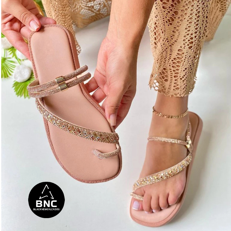 Rasteirinha Feminina Papete Dedo Com Strass Colorido Super Macia Promoção em Oferta na Shopee