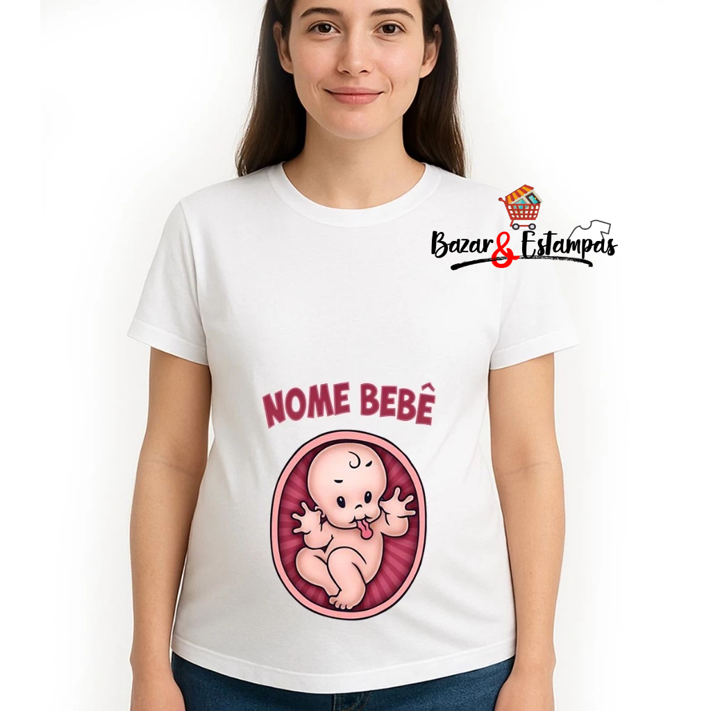 Camiseta Gestante Personalizada com nome do Bebê Camisa Grávida Bebê na Barriga Info via chat Nome