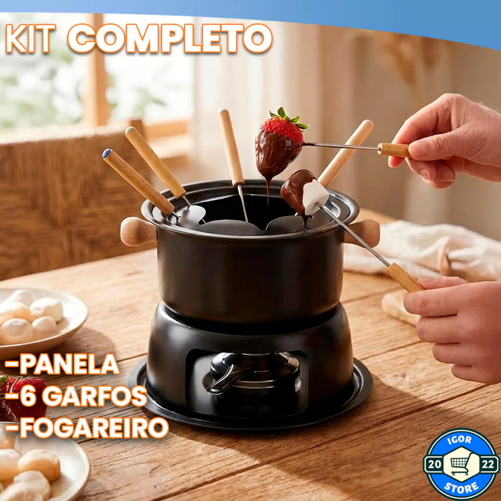 Jogo de Fondue Completo Kit Panela Preta 6 Garfos e Fogareiro Aço Carbono e Aço Inox