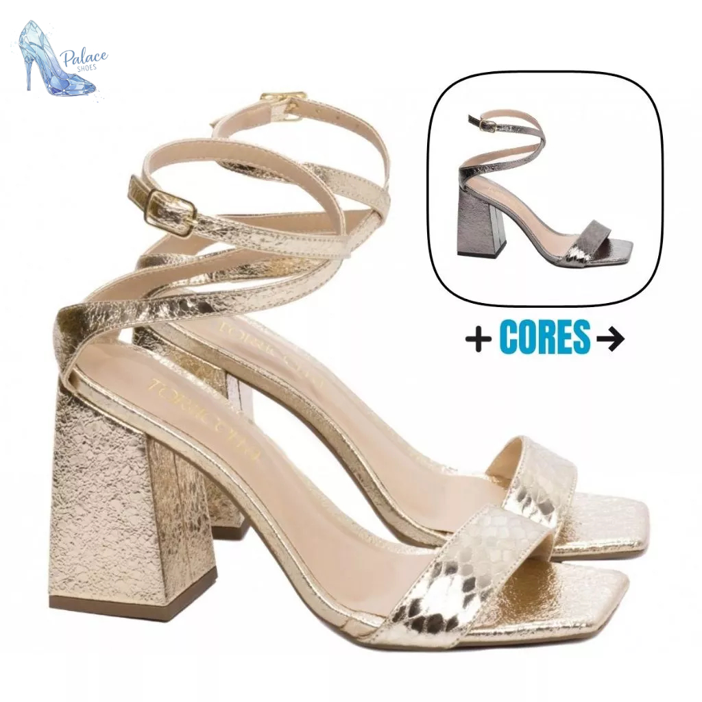 Sandália Feminina Chic Metalizada Com Fivela no Tornozelo Salto Alto Grosso 9 Cm Torricella