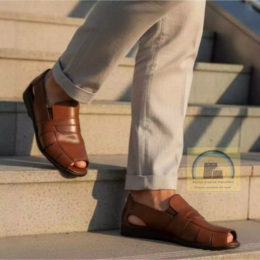 Sandália Masculino Em Couro Legitimo Conforto Leve Granado Conhaque - Marrom e Preto