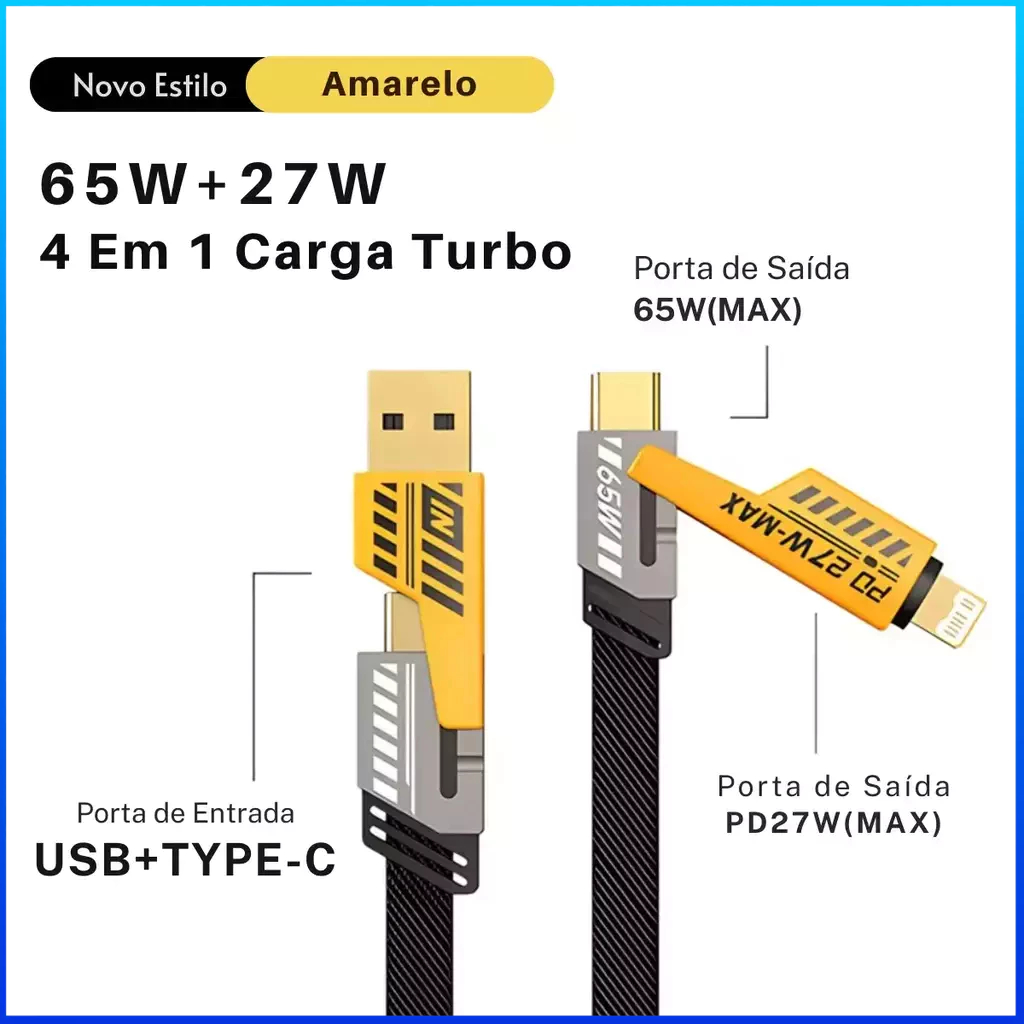 Cabo 4 em 1 USB C Tipo C Lightning Carregamento Rápido Turbo 65W PD 27W Cabo de Dados para Celular Smartphone