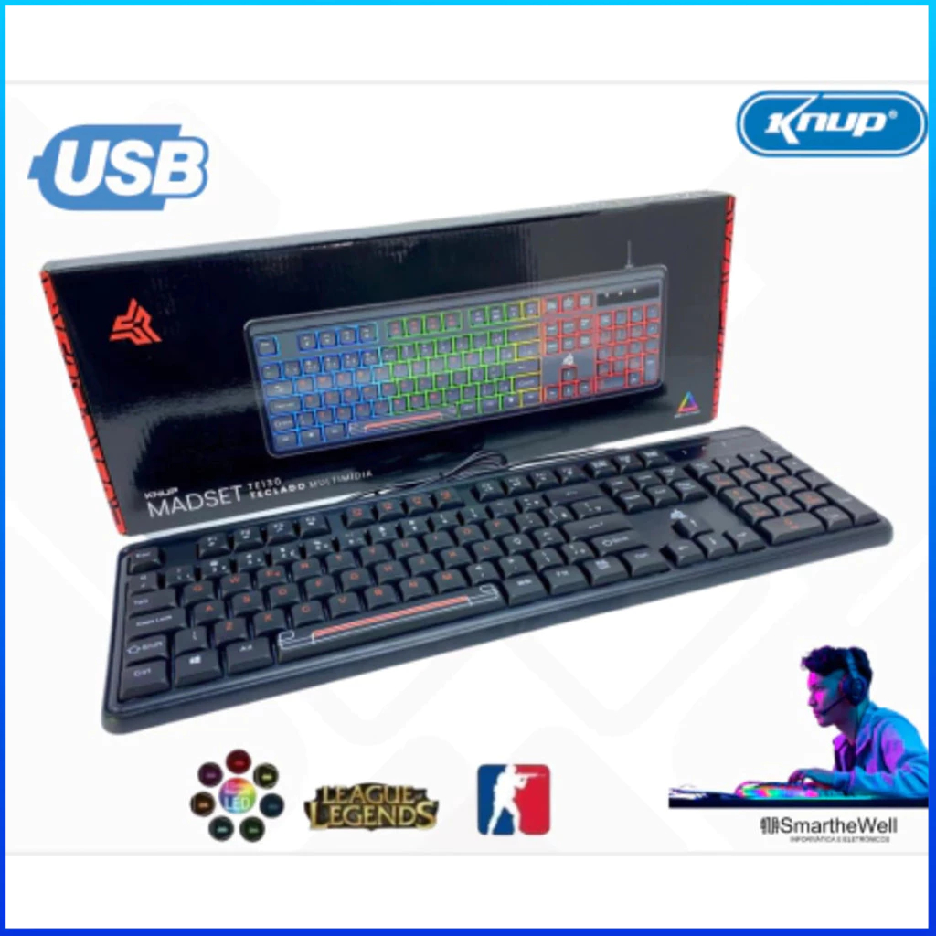 Teclado Multimídia Gamer Knup Madset TE130 USB com LED RGB Silencioso ABNT2