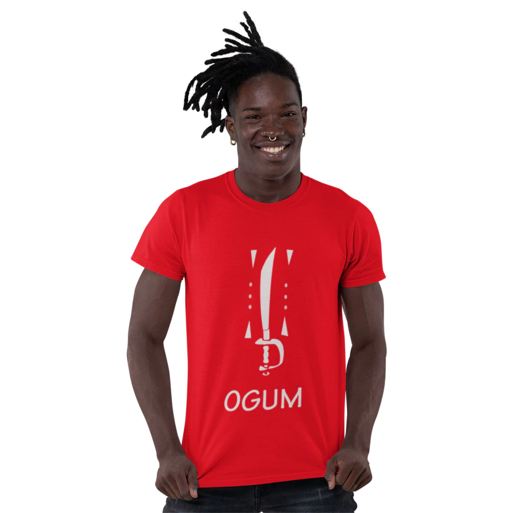 Camiseta Masculina Ogum Algodão Estampa Ogunhê Afro Manga Curta Confortável Umbanda Candomblé