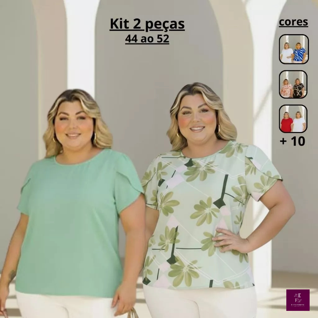 Kit 2 Blusas Feminina Social Plus Size Confortável Casual Manga Curta Elegante Trabalho