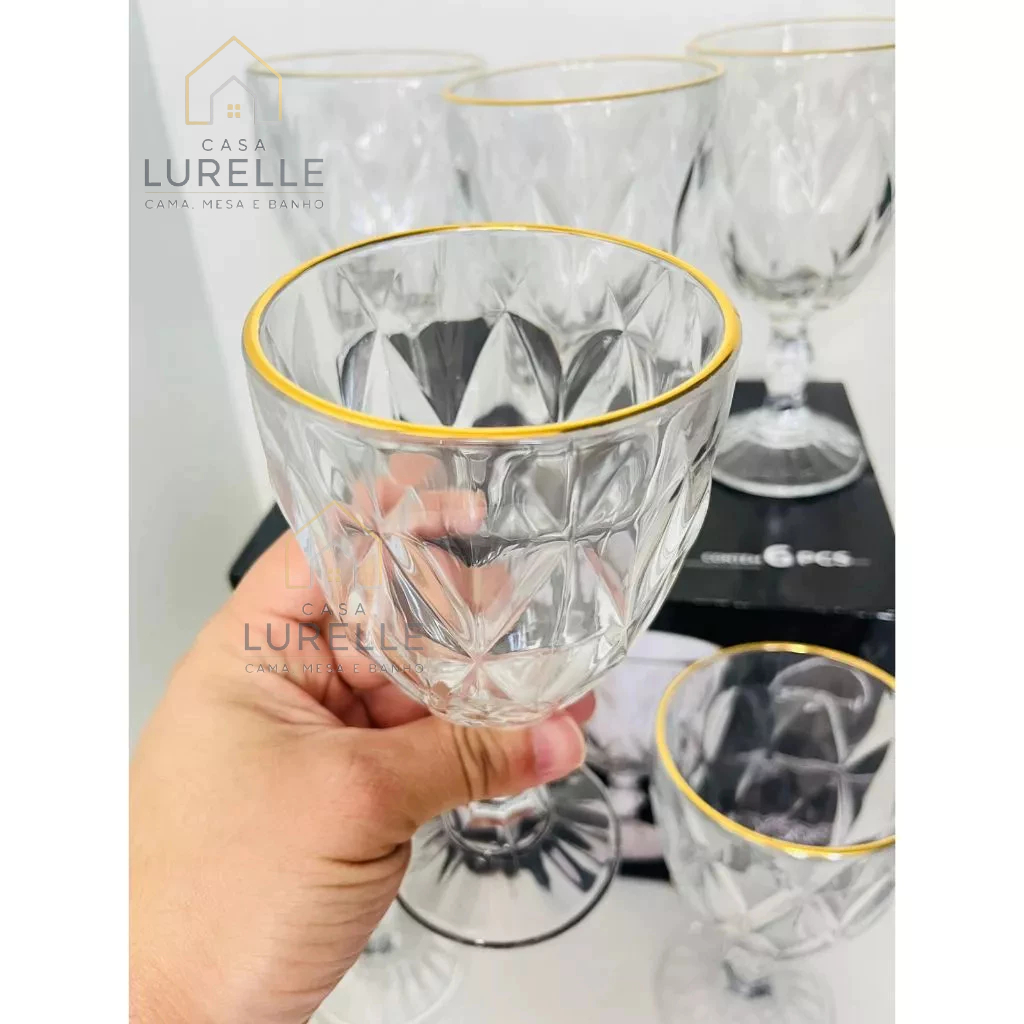 Jogo 6 Taças Borda Dourada de Vidro Diamond – 340ml | Elegância Para Sua Mesa de Jantar em Oferta na Shopee