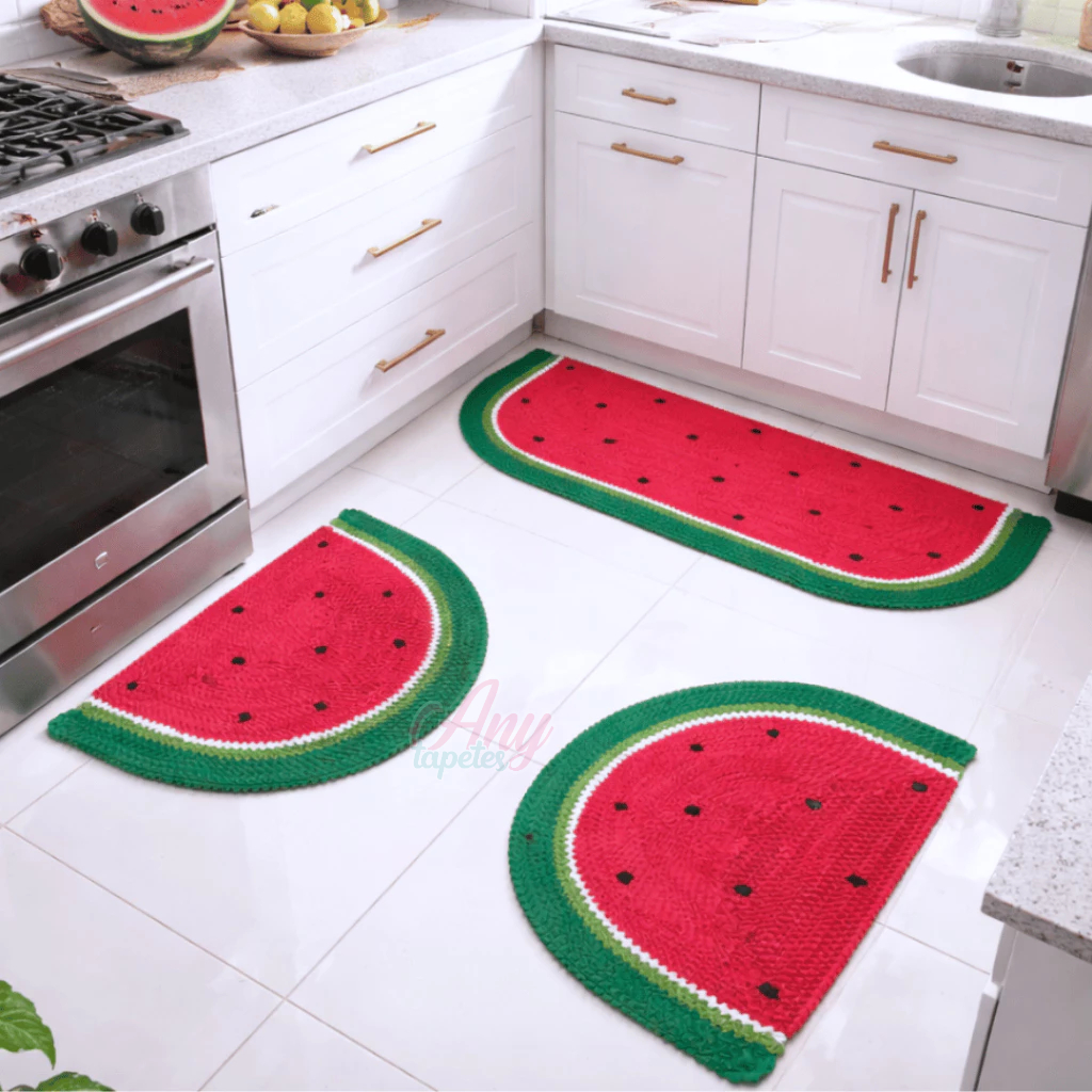 Tapete Cozinha Quarto Frufru Melancia 3 Peças Malha