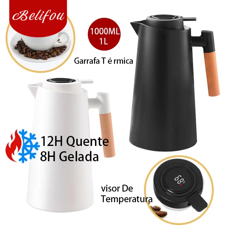 Belifou Garrafa Térmica 1 Litro Termômetro Led Para Chás / Café Nórdica Design Moderno Cabo Madeira em Oferta na Shopee