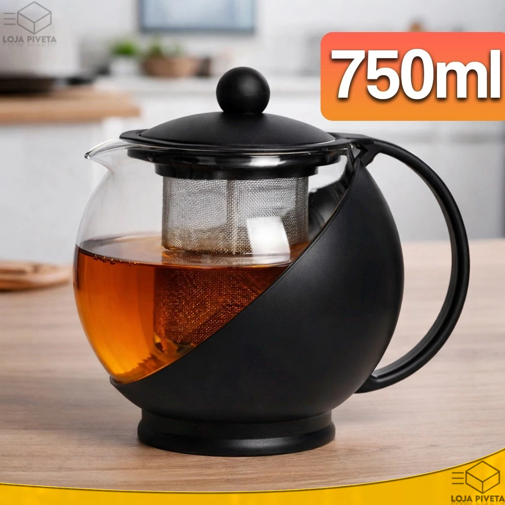 Chaleira Com Infusor Inox 750ml Jarra Bule de Vidro Com Coador de Chá Elegante Premium em Oferta na Shopee