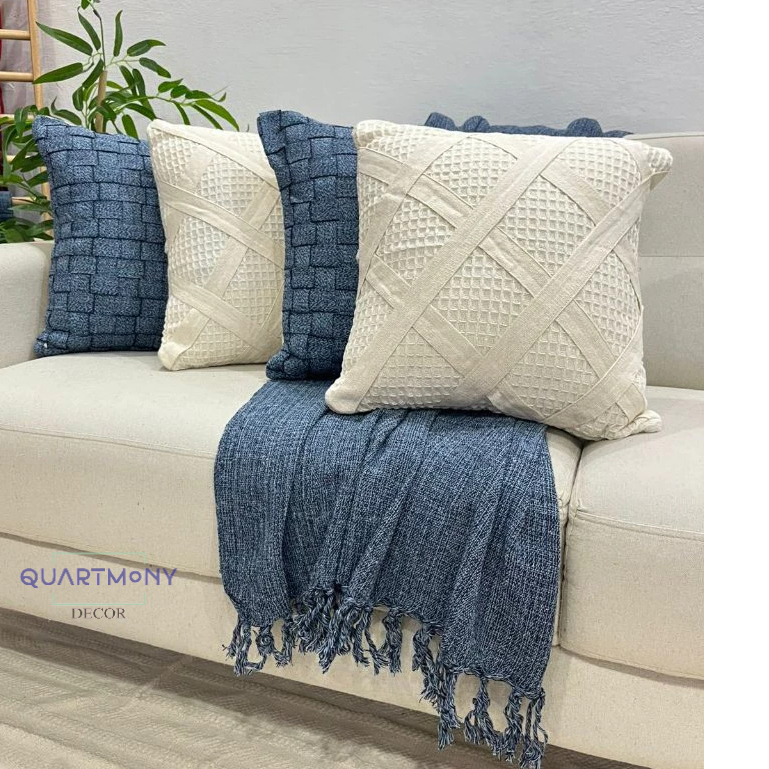 Kit Capa Almofada Fita Losango Azul Jeans Manta Grande Decorativa Sofa Cama Rustica Carnaval em Oferta na Shopee