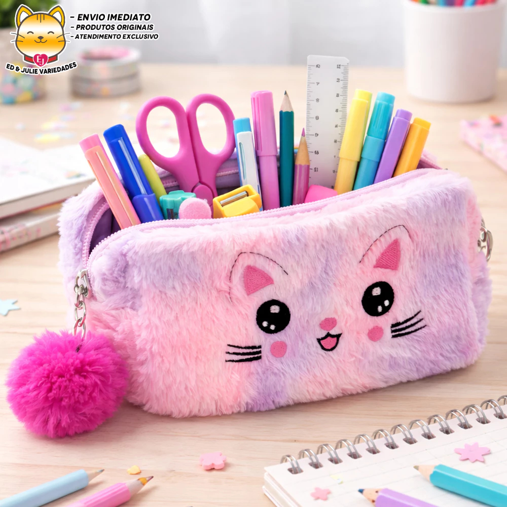 Estojo Nécessaire Gatinho Colorido de Pelúcia com Pompom - Degradê Lilás e Rosa
