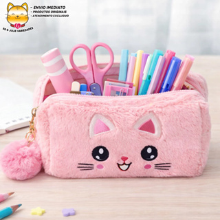Estojo Nécessaire Gatinho Colorido de Pelúcia com Pompom - Rosa em Oferta na Shopee