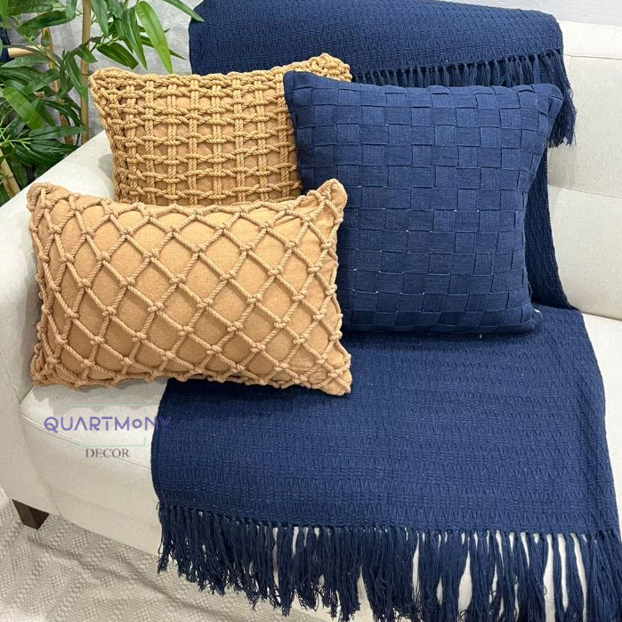 Kit Capa Almofada Trancelin Caramelo Azul Marinho Decorativo Sofa Rustico  Corda Artesanal Moderno