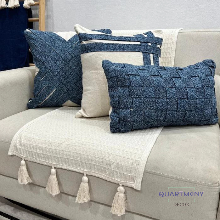 Kit Capa Almofada Tira Fita Azul Peseira Pompom Decorativa Sofa Cama Decorativa Rustico Moderno