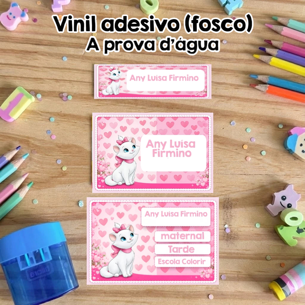 Etiquetas Escolares Personalizadas Gata Marie - Vinil à Prova D'água Impermeável Kit Volta às Aulas