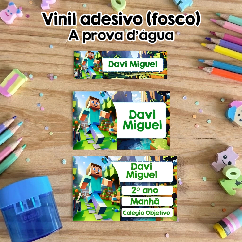Etiquetas Escolares Personalizadas Minicraft - Vinil à Prova D'água Impermeável Volta às Aulas