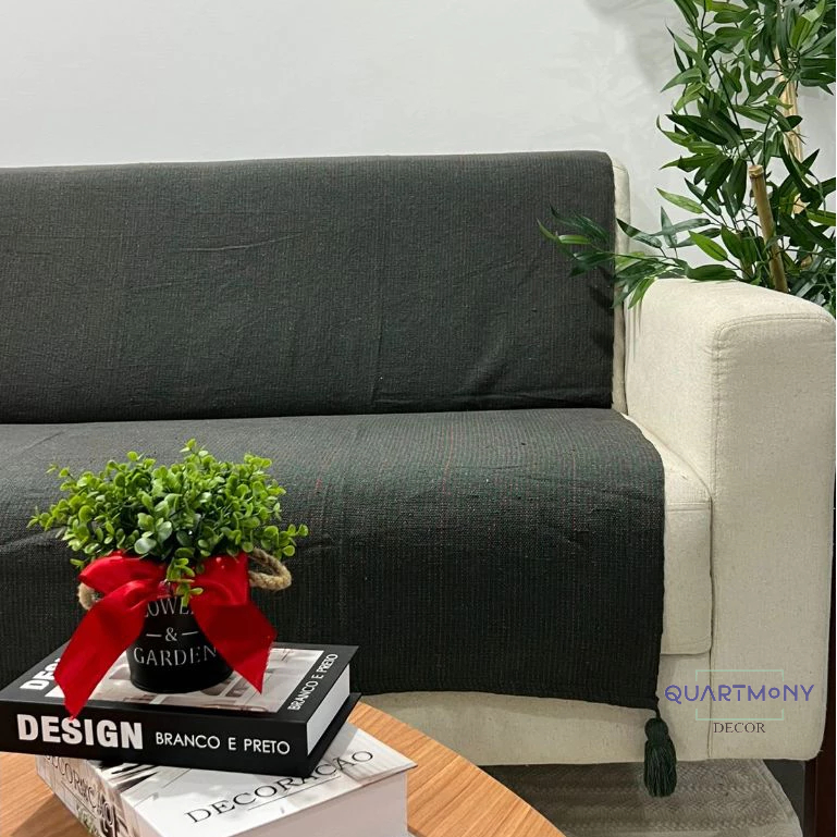 Manta Xale Pompom Pontilhado Verde Musgo Vermelho Decorativa Rustica Boho Artesanal Algodão Moderno