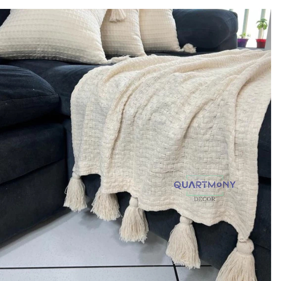 Peseira de pompom Crú 200x50cm Rustica Cama Sofá Boho Chic Macrame Artesanal Moderno