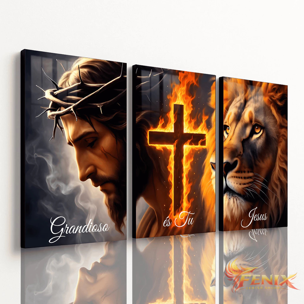 Quadro 3 peças Cristão Jesus e Leão de Judá – Cruz Flamejante Arte Religiosa Decorativa Moderna Sala Quarto Escritório