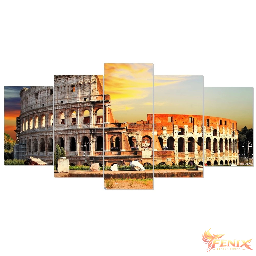Quadro Decorativo Coliseu Roma Arquitetura Por do Sol Paisagem Mosaico 5 Peças Sala Quarto e Hall