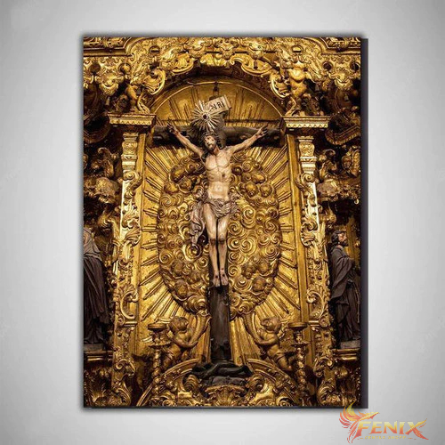 quadro decorativo jesus crucificado arte barroca dourado ouro decorativo religioso quarto sala hall escritório P M G GG