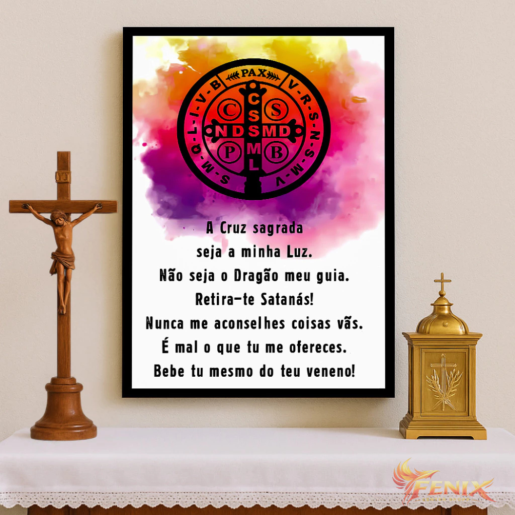 Quadro Decorativo Religioso Oração Medalha Cruz de São Bento Para Sala Escritório Sala Religiosa COM MOLDURA LINDA
