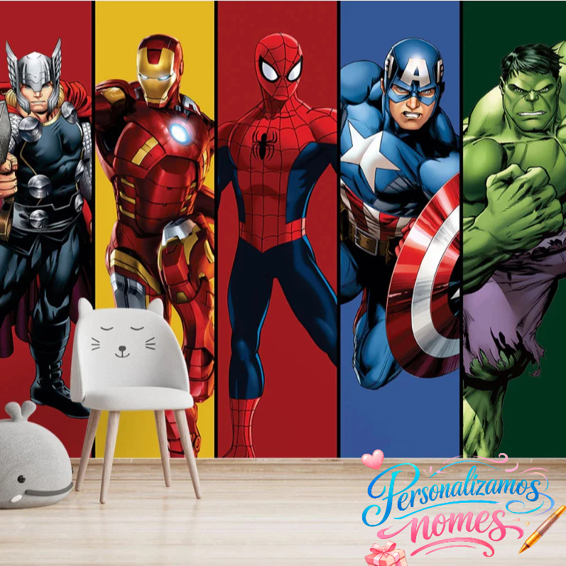 Papel de Parede Marvel Super Heróis HQ – Thor, Homem de Ferro, Homem-Aranha, Capitão América e Hulk