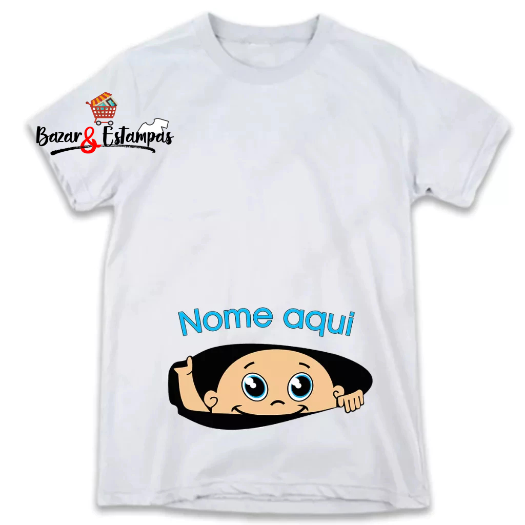 1 Camiseta Gestante Grávida Bebê Espiando Nome Personalizado Menino ou Menina Inf Via Chat Nome