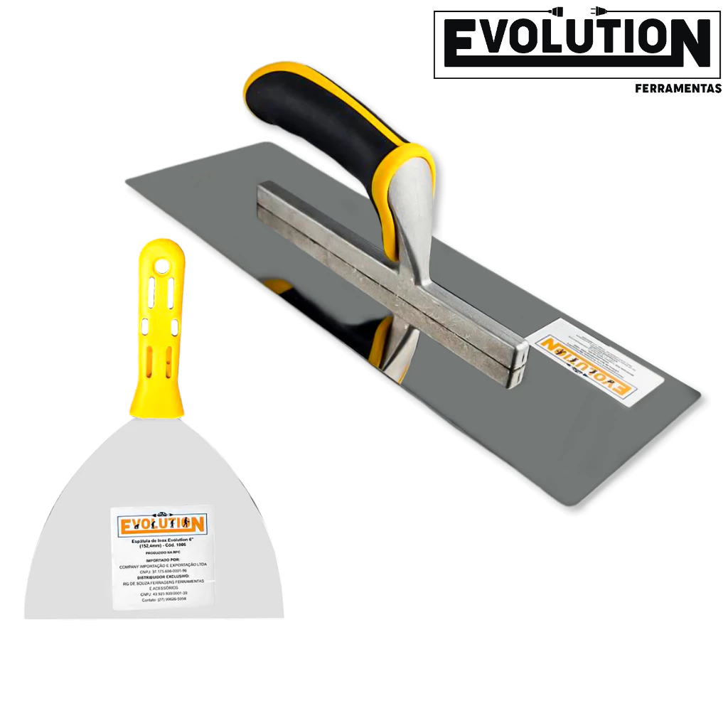 Kit Espátula + Desempenadeira Inox Evolution Espátula 3 4 5 ou 6 Pol para Massa Corrida Reboco