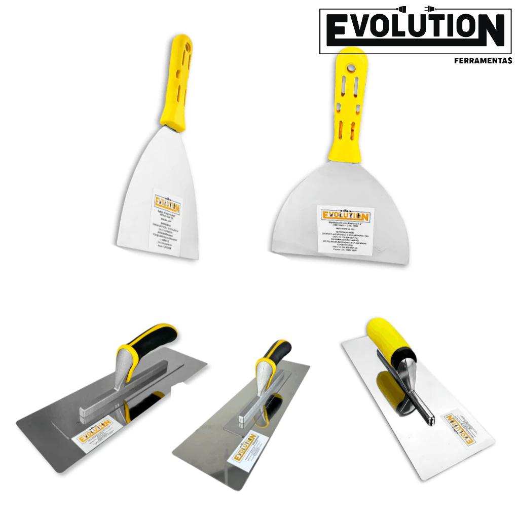 Kit Desempenadeiras Evolution Rígida/Flexível 35cm, 36cm, 40cm + Espátulas 5" e 6" Acabamento