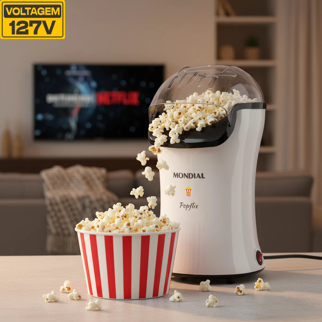 Pipoqueira elétrica com bico direcionador 1200 watts branco- PopFlix – Mondial127v