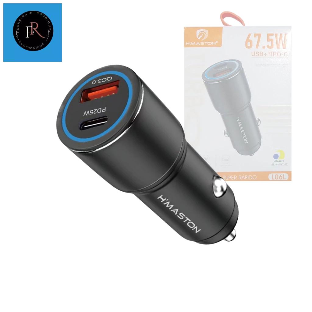 Carregador Veicular 67,5W Conexão USB / TIPO-C carregamento TURBO Hmaston L06L