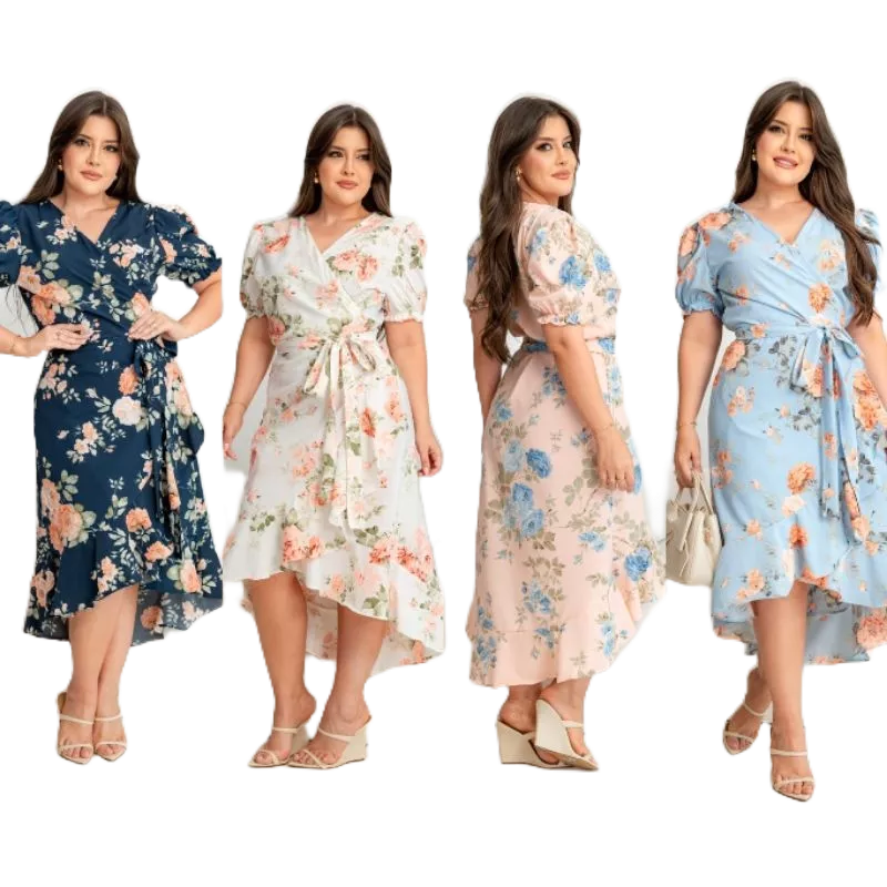Vestido Midi Estampado com Amarração Manga Curta Feminino em Oferta na Shopee
