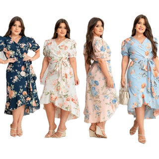 Vestido Midi Estampado com Amarração Manga Curta Feminino em Oferta na Shopee